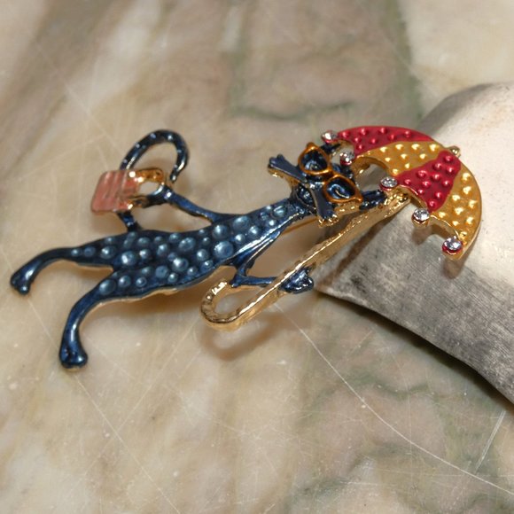 Sparkling Rhinestone Cool Cat, Kewl Kitty with Umbrella - Brooch Pin w/Gift Box - Picture 8 of 10
